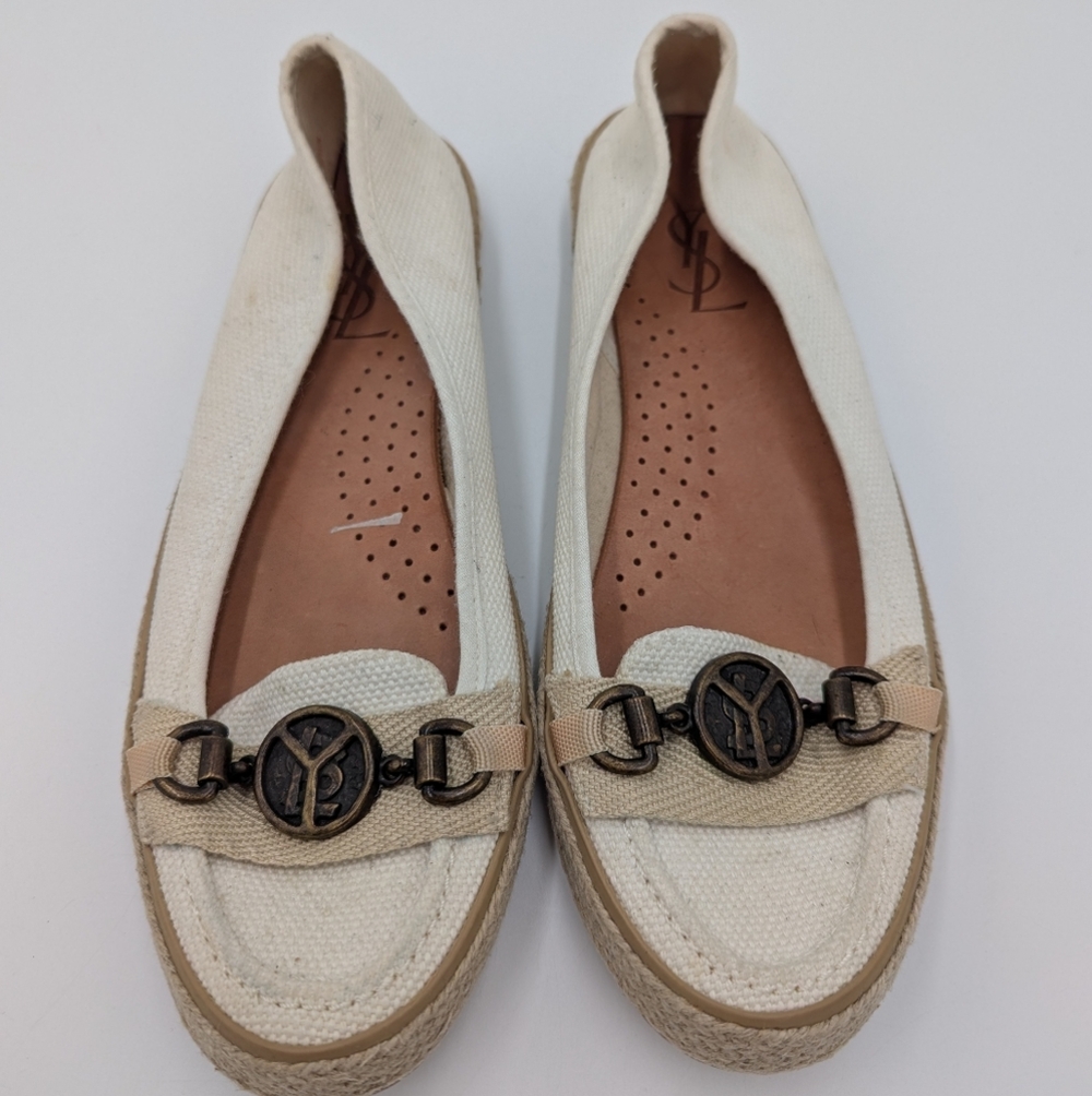 YSL Slip On Espadrille Flats Beige Canvas Logo Medallion Jute sole Women's 38.5